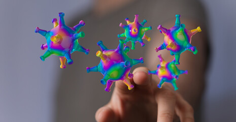 Abstract 3D rendered image of colorful virus particles near a human hand, illustrating scientific and health c