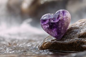 ハート形のアメジストと川の背景