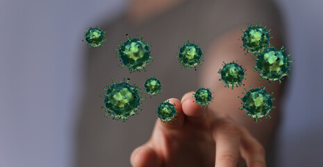 An artistic representation of microscopic viruses floating near a finger, conveying concepts of medicine, scie
