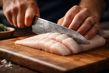 Chef's hands skillfully slicing fresh raw fish fillet into uniform pieces on a rustic wooden cutting board, close-up shot