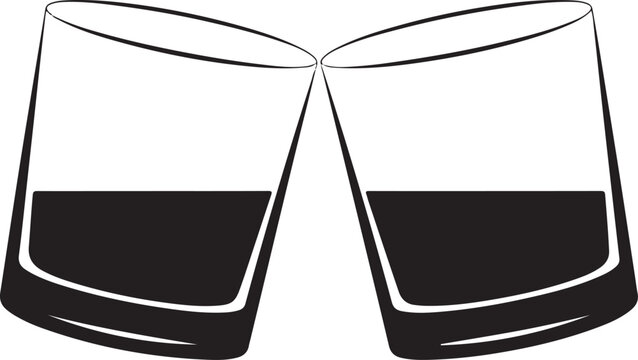 Simple black and white illustration of two whiskey glasses clinking in a toast