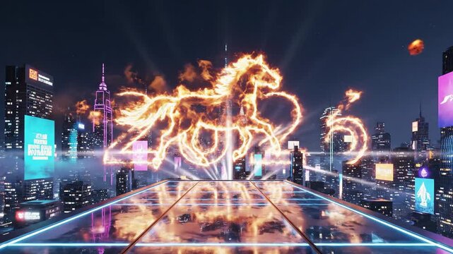 Lunar New Year 2026 Horse Shio Celebration with Neon Lights and Cityscape at Night in a Futuristic Upscale Environment