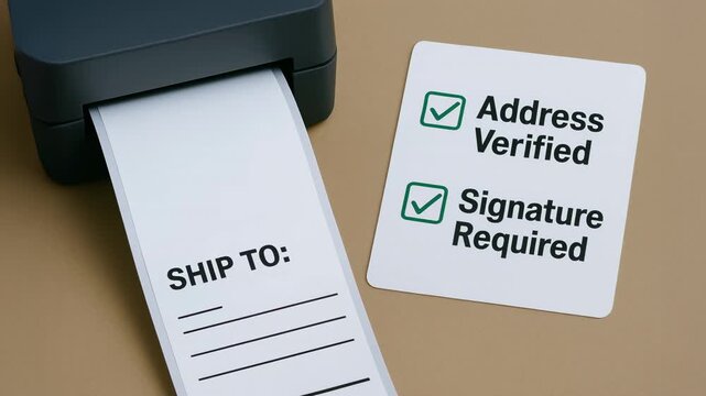 Shipping label supply chain logistic printer receipt and address verified signature required checklist on brown desk for secure parcel shipment