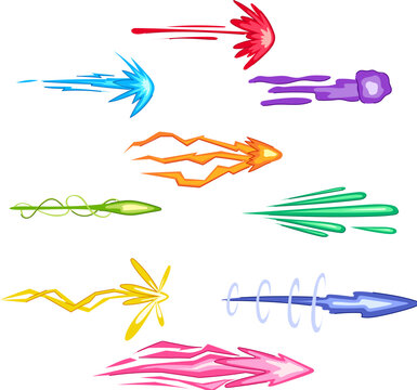 Different animated projectiles creating various dynamic energy trails and power shot effects for video games, comics, and fantasy design elements, illustrating speed and motion
