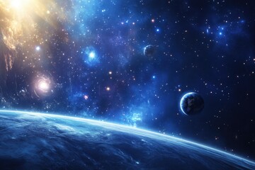 Stars and planets shine brightly in a cosmic landscape of the universe