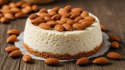 Fototapeta premium Delicious homemade almond cheesecake with whole almonds on a rustic wooden table, closeup view