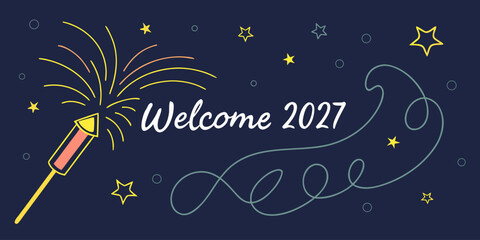 Fototapeta premium Welcome 2027 – Festive Greeting Card with Firework Rocket, Stars & Swirls on Dark Blue Background