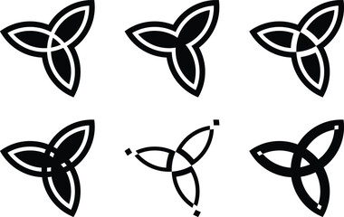 Minimalist Black Trefoil Logo Set with Abstract Geometric Triquetra Knot Icons. Six Black and White Trefoil Symbols with Leaf Shapes. Knots and Trinity. Organic Branding, Wellness Logos.