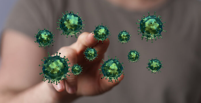 Illustration of a hand interacting with virus particles. Concepts include infection, contagion, and disease co