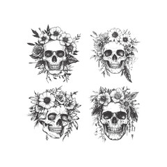 Fototapeta premium Vintage hand-drawn illustration of a human skull decorated with a crown of sunflowers and roses, featuring intricate geometric patterns and hanging mystical charms.