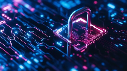 Abstract digital circuit board with a secure padlock symbol in neon colors