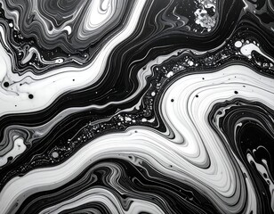 Black and white fluid art with swirling patterns and marbled effect