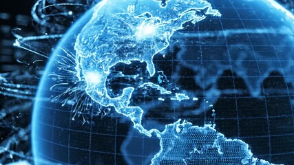 Digital globe hologram with glowing blue network connections and data lines across North, Central and South America, interactive map grid highlighting coastline, ocean regions, city nodes and global - Powered by Adobe