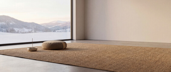 Minimalist interior design featuring a spacious room with a carpet and decorative stones. This serene environment promotes relaxation and tranquility, suitable for wellness or meditation themes.