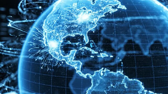 Digital globe hologram with glowing blue network connections and data lines across North, Central and South America, interactive map grid highlighting coastline, ocean regions, city nodes and global
