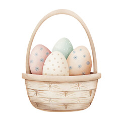 Watercolor Easter basket with pastel patterned eggs soft nursery illustration