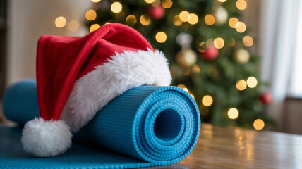Yoga mat with Santa  hat on floor with Christmas tree background