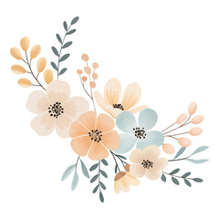 Watercolor pastel floral arrangement with soft blossoms and elegant leaves