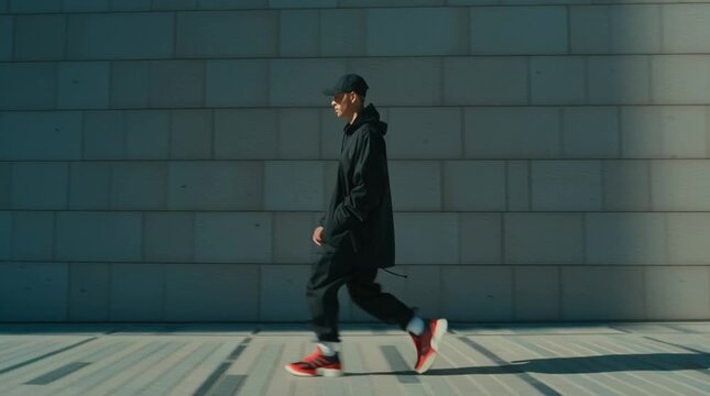 Side-profile walking shot with natural stride against a minimal urban background. Smooth loop and refined motion deliver high-end brand energy, modern elegance, and premium lifestyle appeal.
