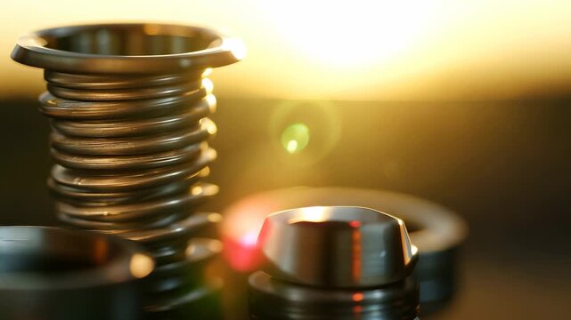 Metal springs and circular components are illuminated by soft sunlight in this close-up shot. The warm sunlight enhances the metallic textures, creating a captivating visual scene.