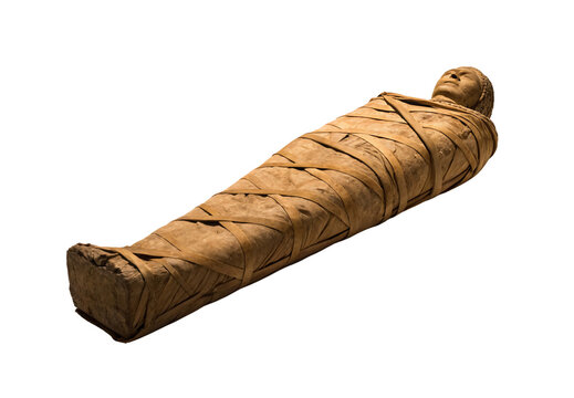 Ancient Egyptian mummy wrapped in linen bandages full body view, isolated on a transparent background