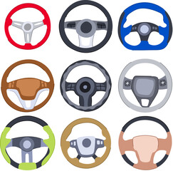 Collection of nine assorted car steering wheel designs, featuring various colors, styles, and control configurations, illustrating automotive concepts, vehicle parts, and driving technology