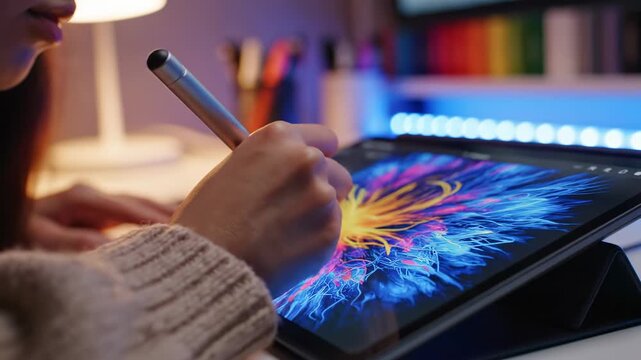 Woman graphically designing abstract digital art with stylus on tablet, creatively illustrating, generating visual content for creative projects.
