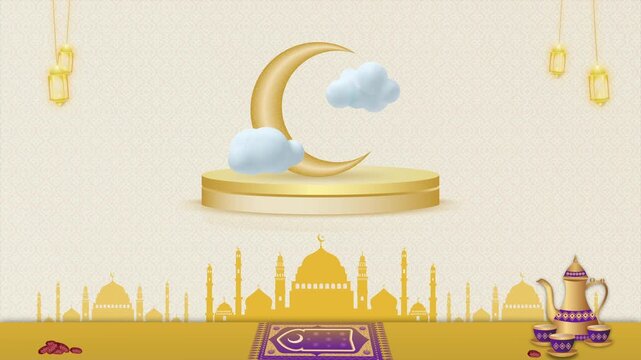 golden ramadan kareem footage animation with crescent, lantern, mosque and , mandala