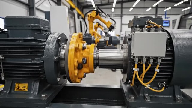 Mechanical coupling connecting two rotating shafts in industrial setting with automated robot arms in background.