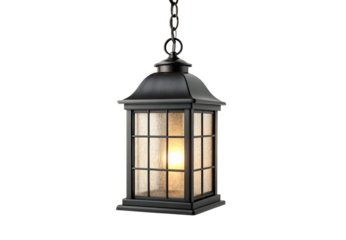 Black hanging lantern with grid pattern glass warm glowing light, isolated on a transparent background