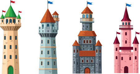 Vector set of medieval fairy tale castle towers and fortresses with colorful flags, stone walls, and turrets for game design. © rakib's world