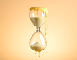 Melting hourglass with yellow liquid on warm background