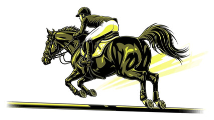 Equestrian athlete riding horse at full speed in dynamic jump © Thamseer