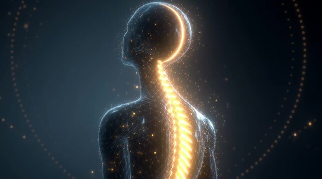 Side-view human silhouette with a glowing energy line flowing upward along the spine. Chakra points light gently in sequence, with faint sacred geometry in a calm, cinematic abstract background.

