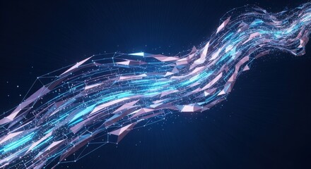 Complex digital flow with connected polygons on a dark blue background