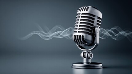 An iconic silver microphone with sound waves emerging against a dark backdrop.