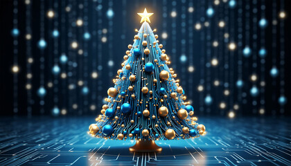 3D rendering of a Christmas tree made of circuit boards with lights and binary code. Blue and gold colors.