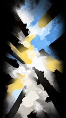 High-contrast shapes in black, white, light blue and yellow colliding with halftone textures. Chaotic and bold grunge style. Abstract background. Sharp lighting with blocky shadows. Vertical.