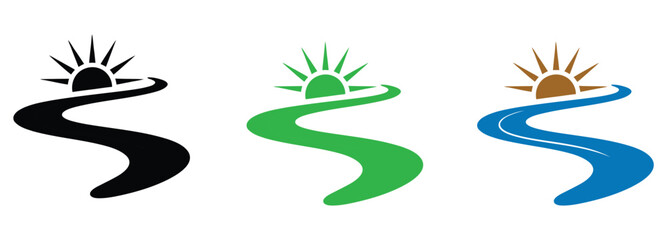 Vibrant sunrise logo designs with wavy road and sunburst elements