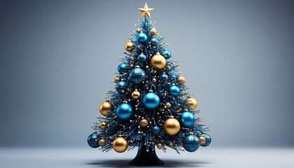 3d render of christmas tree with blue and golden baubles