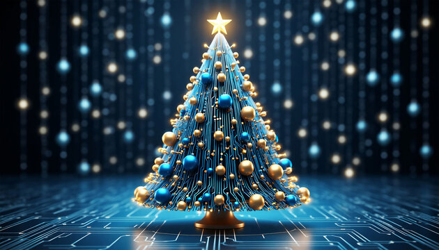 3D rendering of a Christmas tree made of circuit boards with lights and binary code. Blue and gold colors. - Powered by Adobe