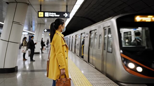 Woman wearing face mask waiting for and boarding subway train on platform. Commuter public transport during pandemic.
