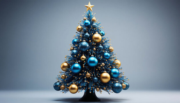 3d render of christmas tree with blue and golden baubles - Powered by Adobe