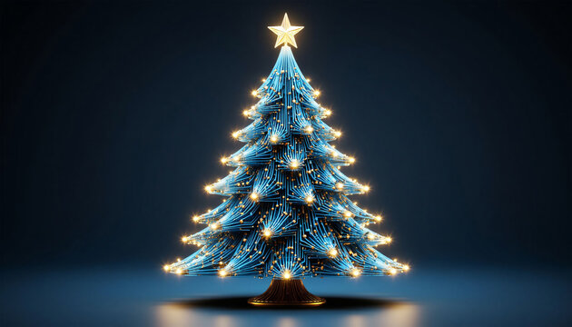 A Christmas tree made of LED circuit board bulbs and glowing data streams. Holiday technology concept. - Powered by Adobe