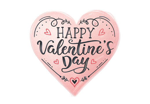 Pink watercolor heart with Happy Valentine's Day hand lettering design, isolated on a transparent background