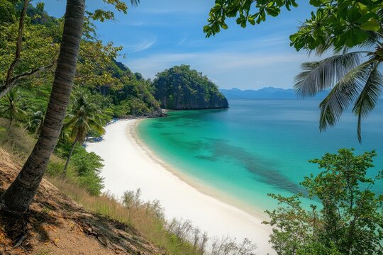 Tropical beach with clear turquoise water and lush greenery on a sunny day - Powered by Adobe