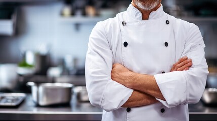 A professional chef with crossed arms poses in a kitchen environment, ready to cook.