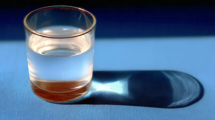 A plain, clear drinking glass, half-full, casting a crisp shadow, conveying immediate relief and the power of hydration. The glass is isolated on a bold, solid cobalt blue background.