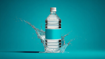 Plain, clear water bottle, prominently centered, with dynamic splashes of pure water erupting around it. Symbolizing vital process hydration. The object is isolated on a bright azure blue background.