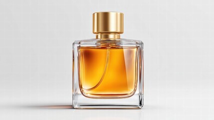 Elegant perfume bottle with a golden cap against a clean white background.